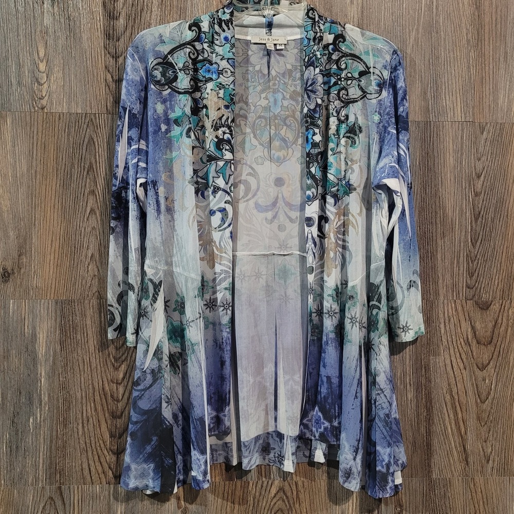Jess & Jane Open Front Mesh Cardigan Size M Abstract Floral Art to Wear Topper